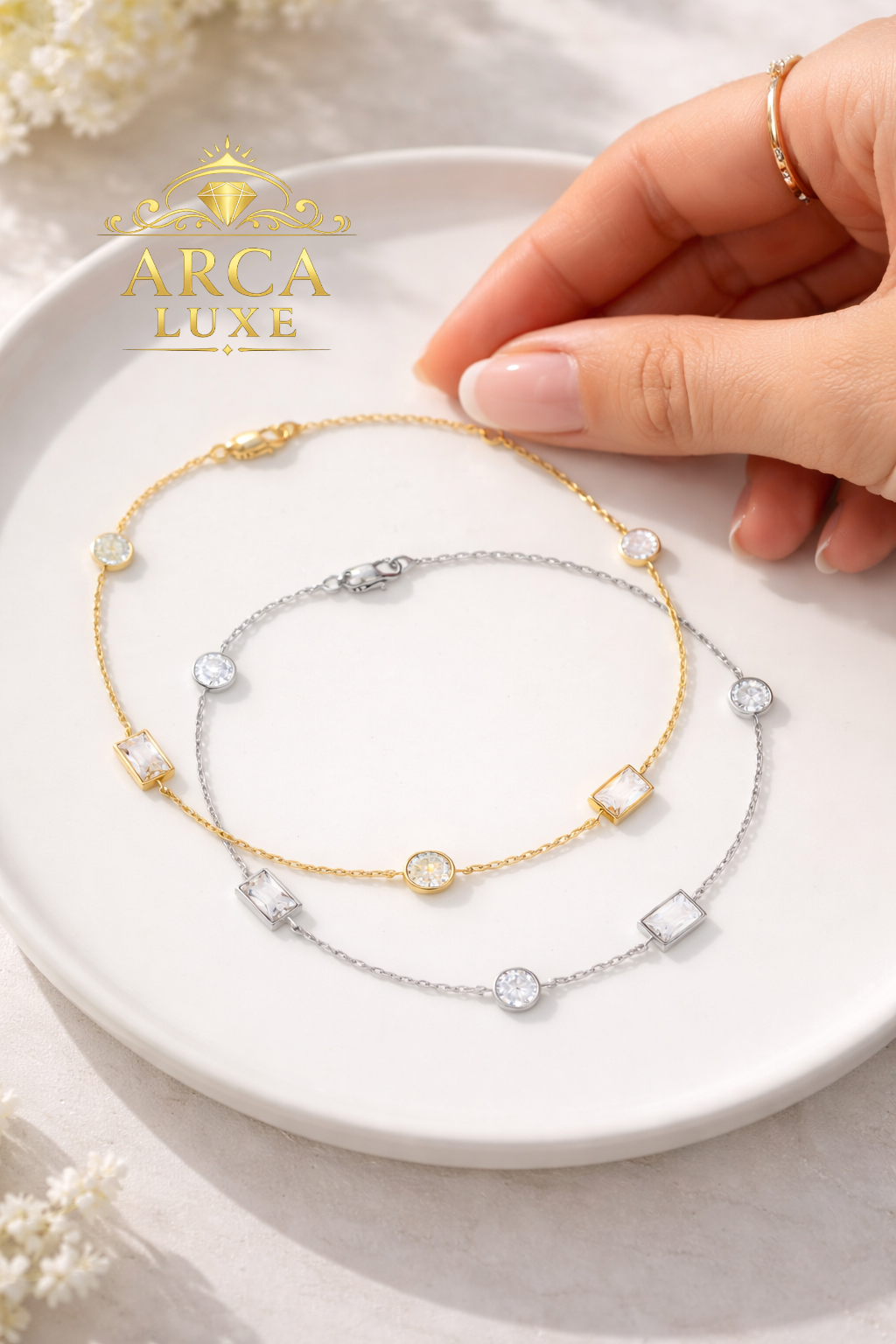 Arca Luxe 14K Gold Sapphire Bracelet – Round & Baguette White Sapphires