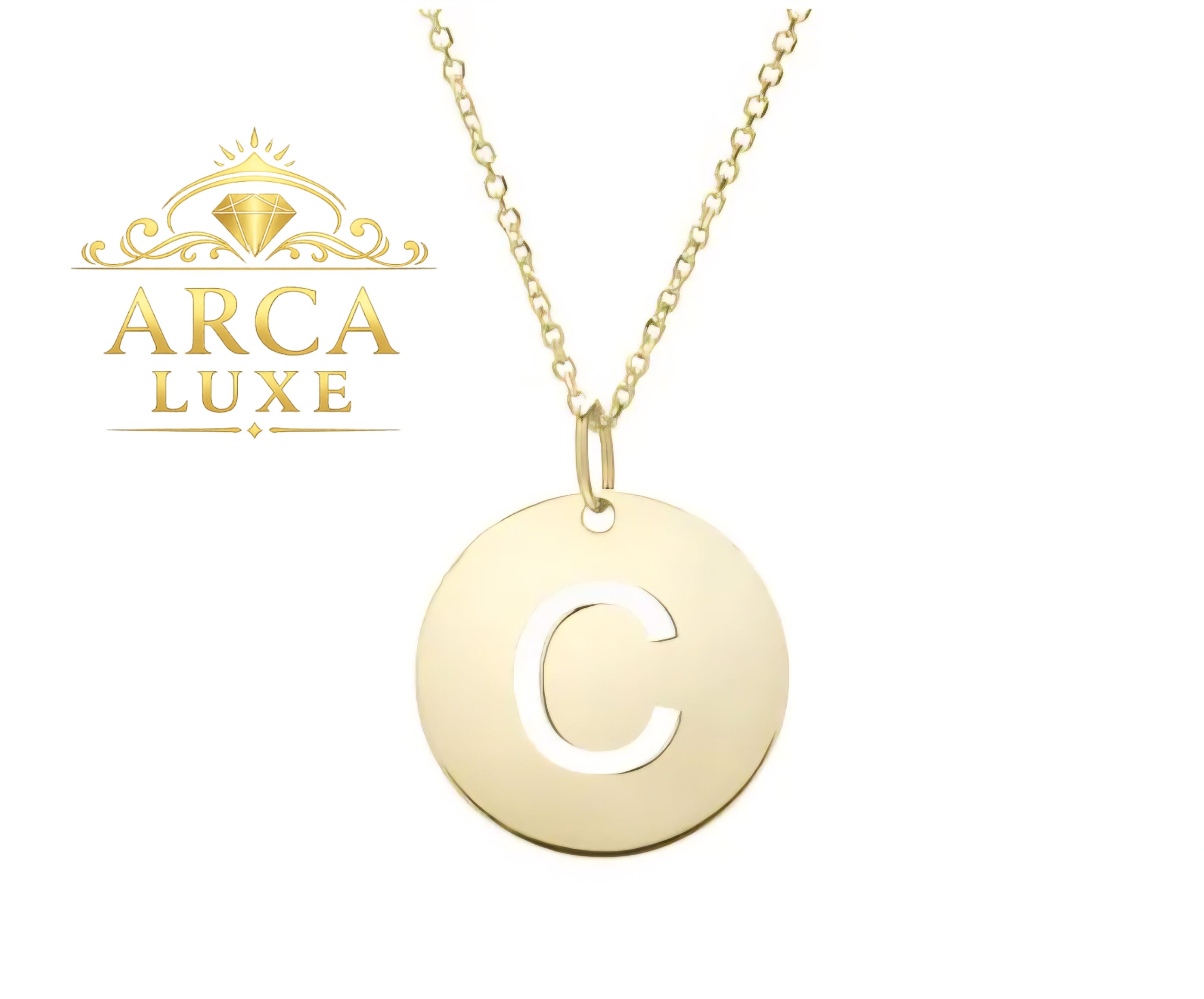 14K Solid Gold Initial Letter Disc Necklace 18" | A–Z Minimalist Pendant | Real Gold Jewelry