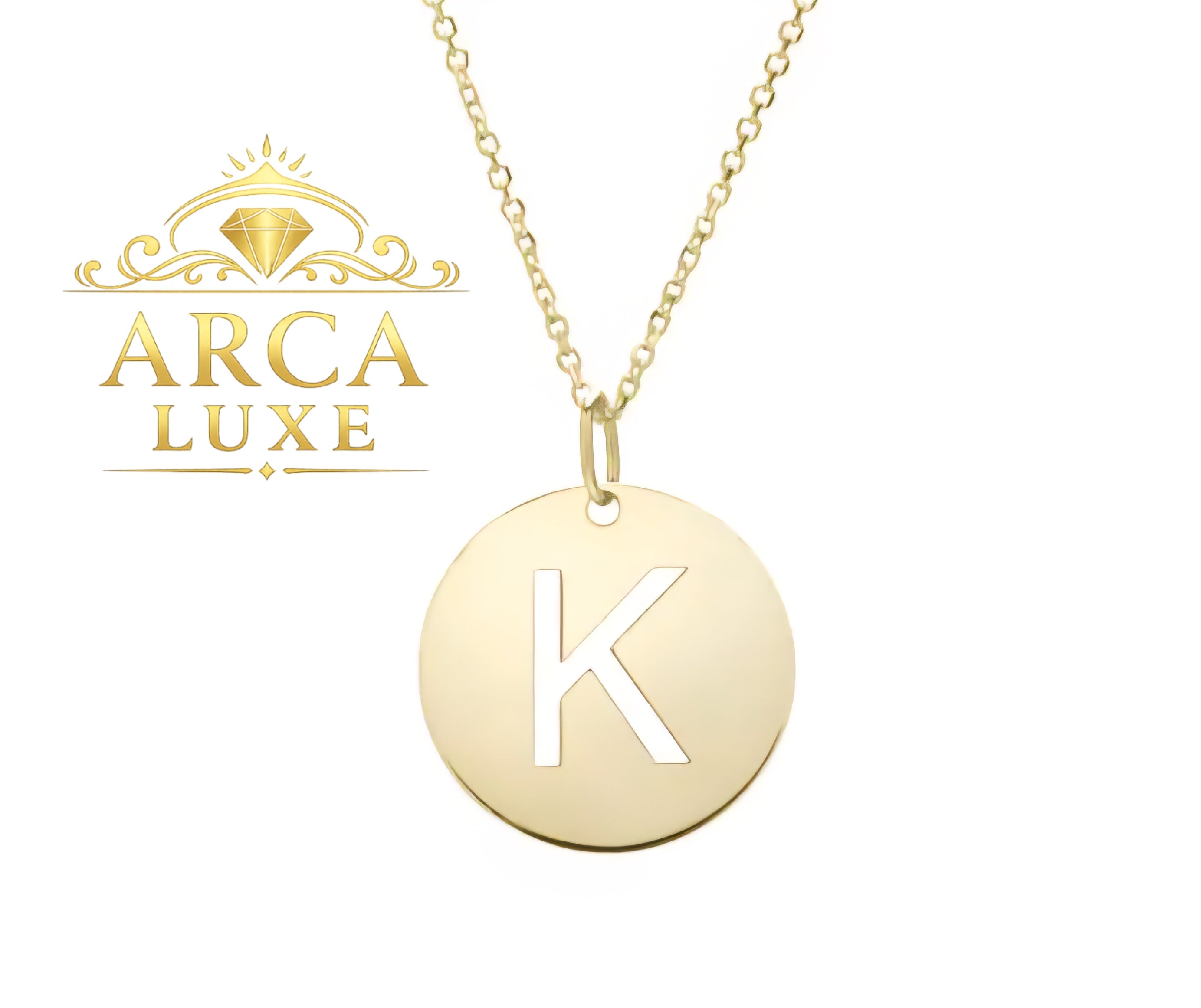14K Solid Gold Initial Letter Disc Necklace 18" | A–Z Minimalist Pendant | Real Gold Jewelry