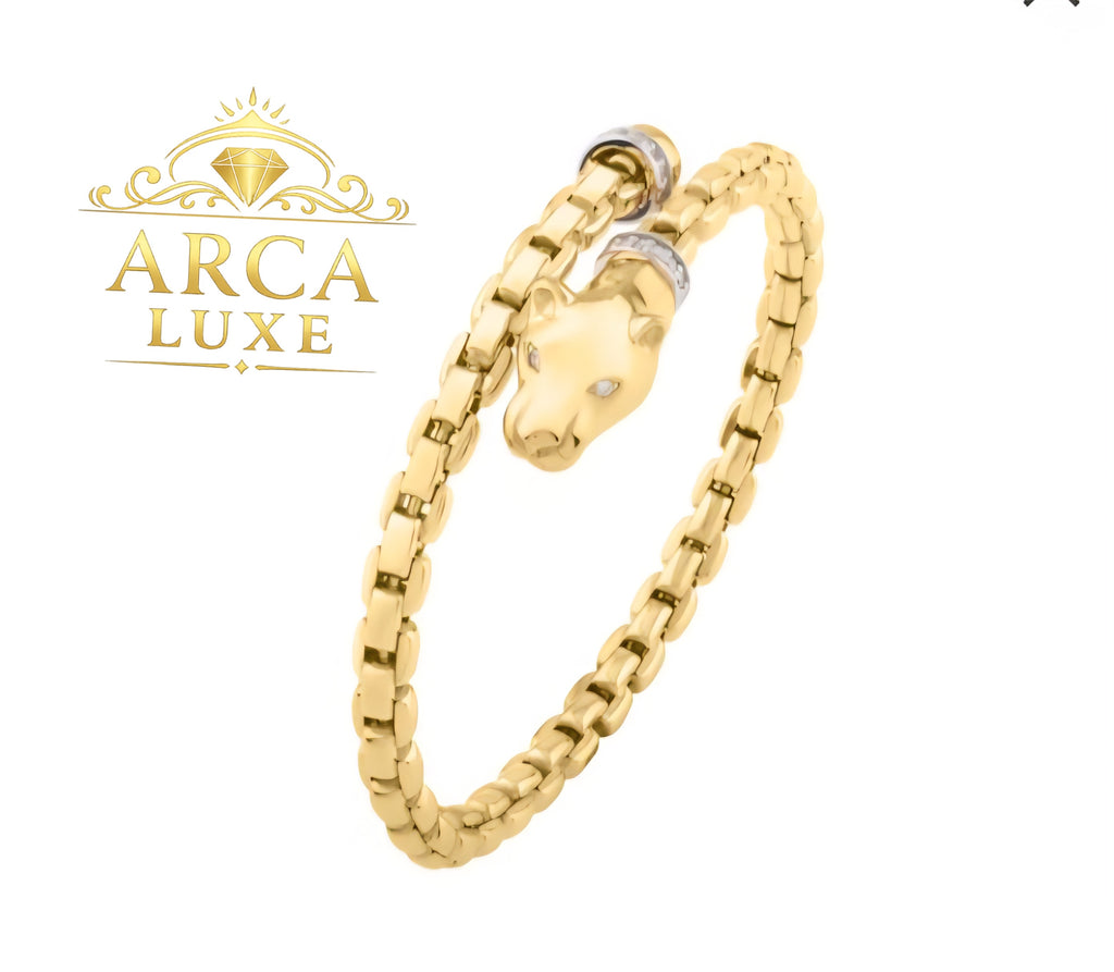 14K Solid Gold Diamond Venetian Panther Bypass Bangle