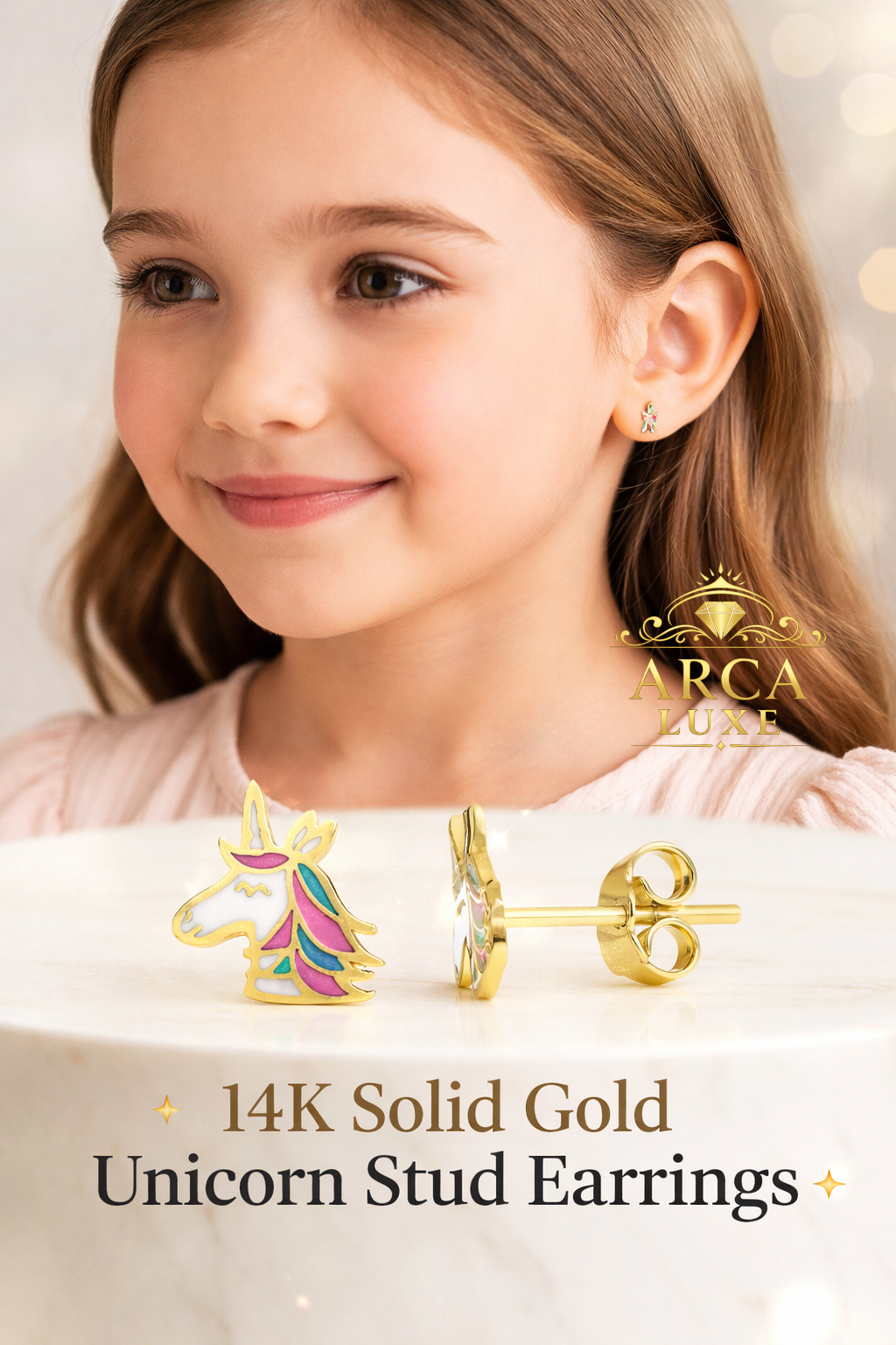 14K Solid Gold Enamel Unicorn Stud Earrings