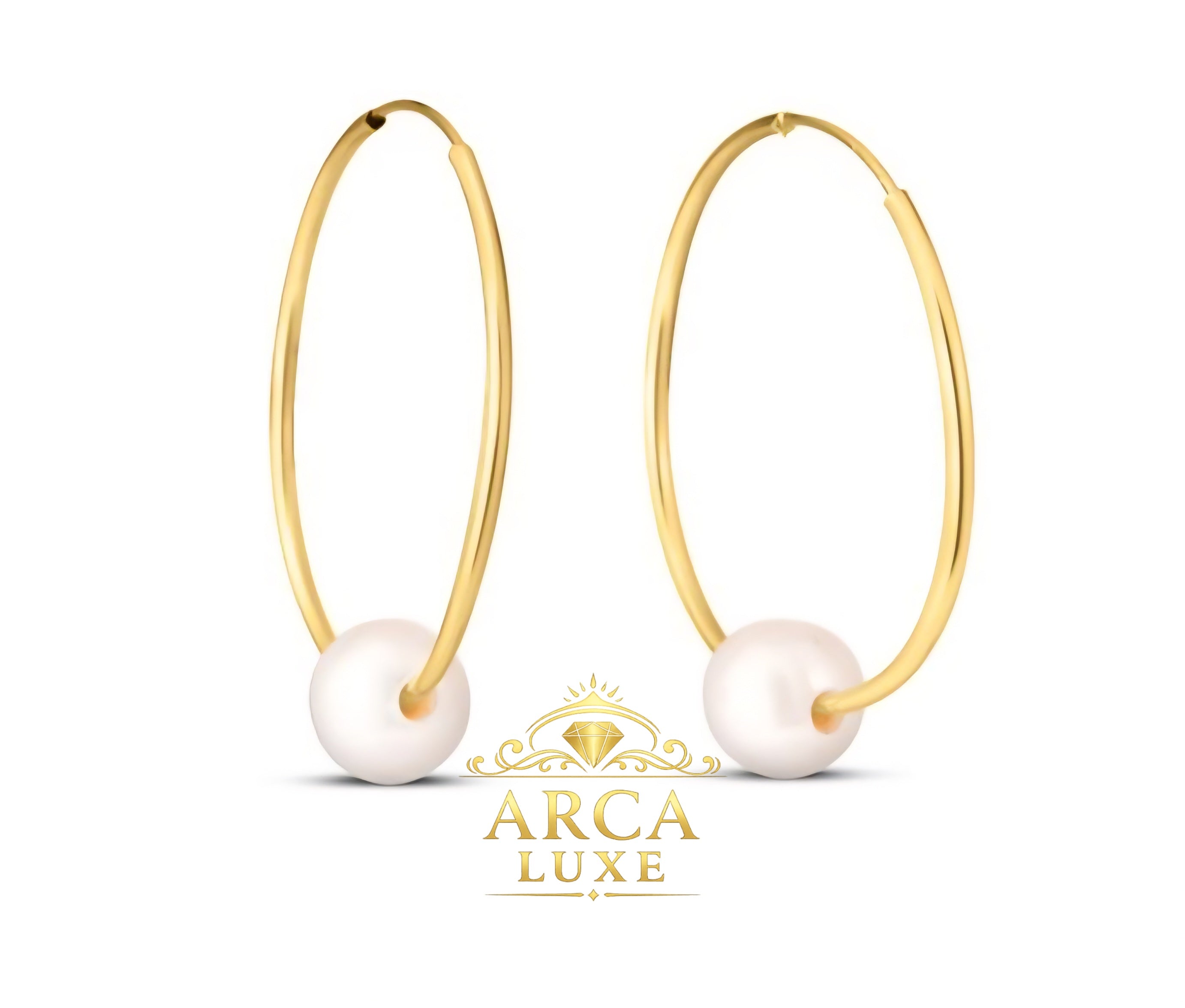 14K Solid Gold Endless Hoop Pearl Earrings Minimalist Luxury