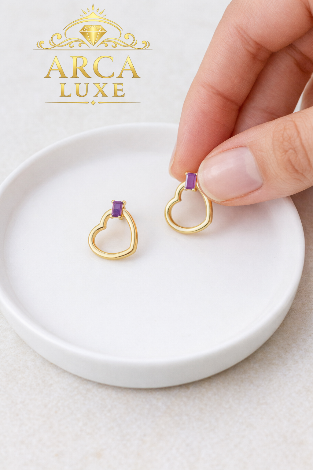 14K Solid Gold Baguette Heart Earrings with Amethyst