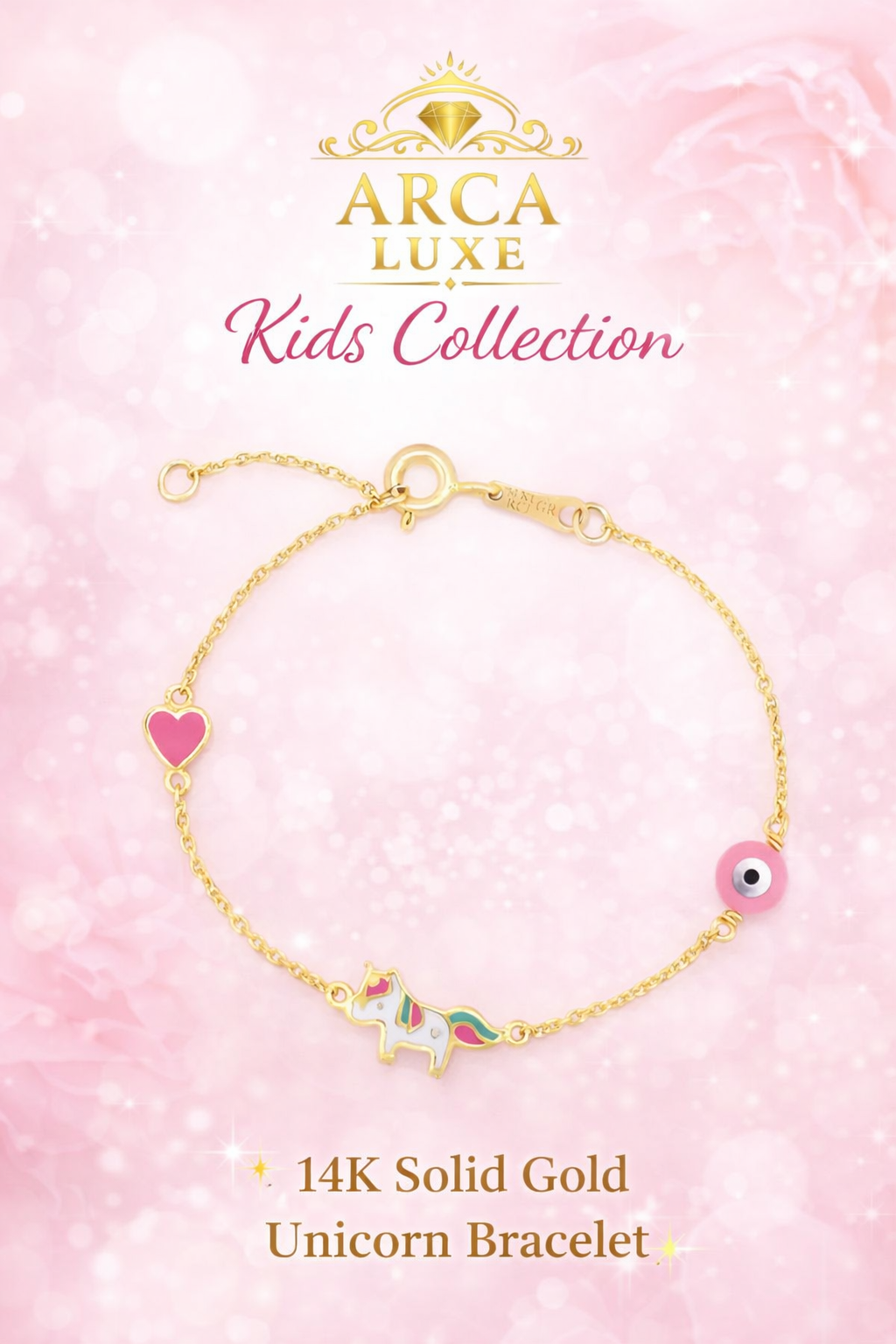 14K Solid Gold Enamel Unicorn Children's Bracelet 5.5"