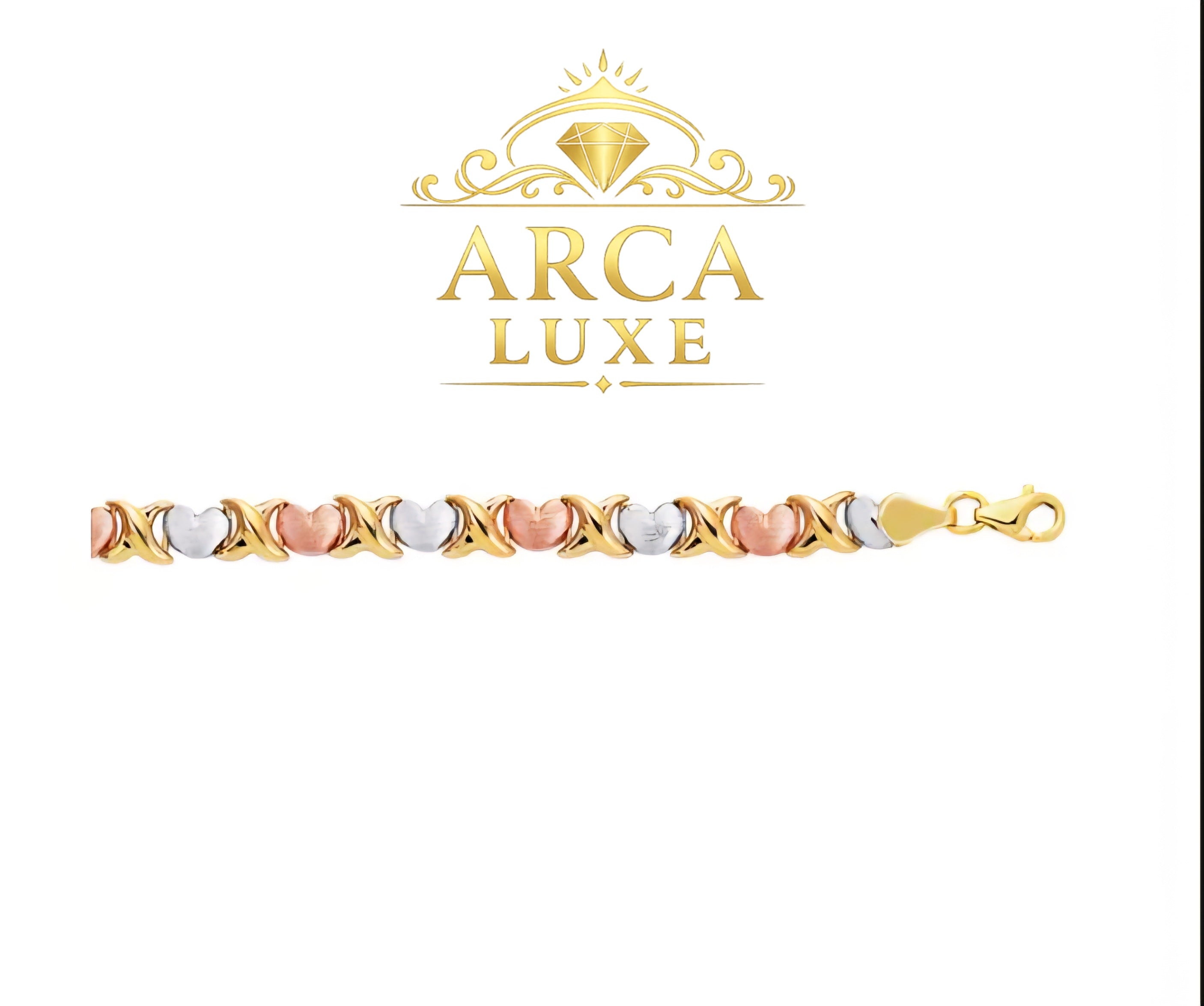 14K Tri-Color Gold X & O Heart Bracelet – 7.25" Luxury Design
