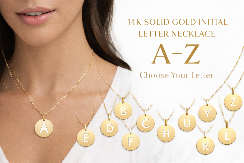 14K Solid Gold Initial Letter Disc Necklace 18" | A–Z Minimalist Pendant | Real Gold Jewelry
