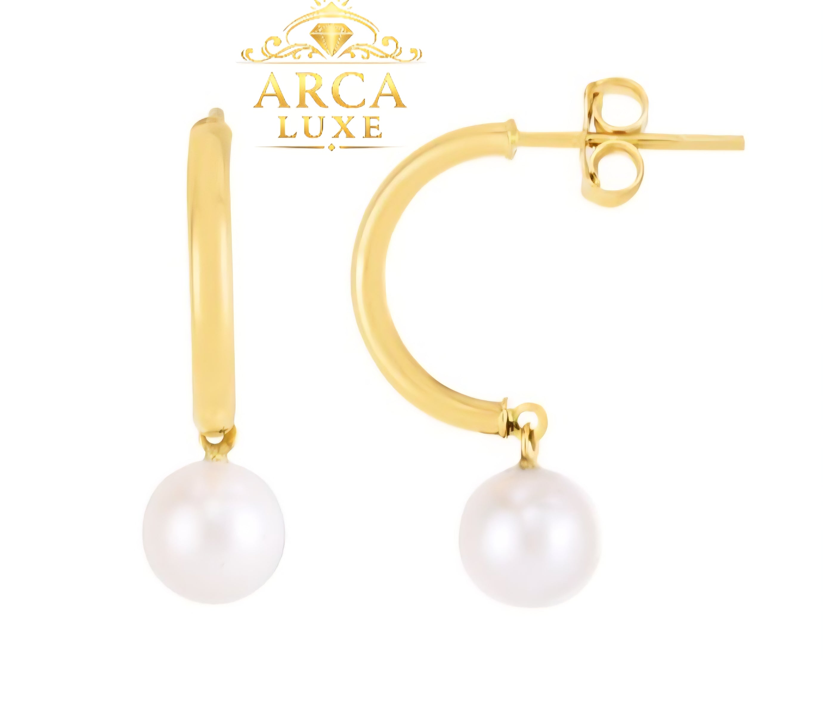 14K Solid Gold Pearl Half Hoop Earrings – Modern Elegant Drop Design