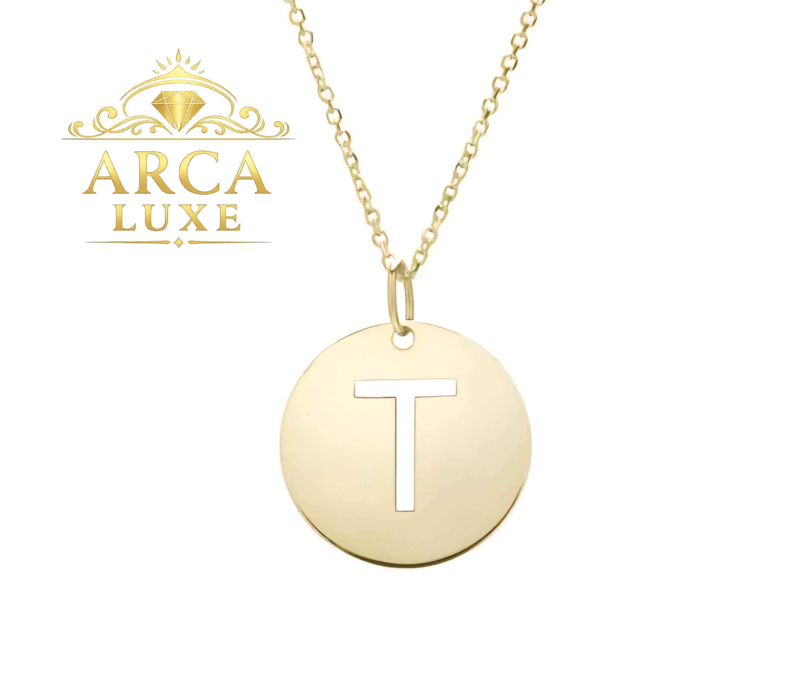 14K Solid Gold Initial Letter Disc Necklace 18" | A–Z Minimalist Pendant | Real Gold Jewelry