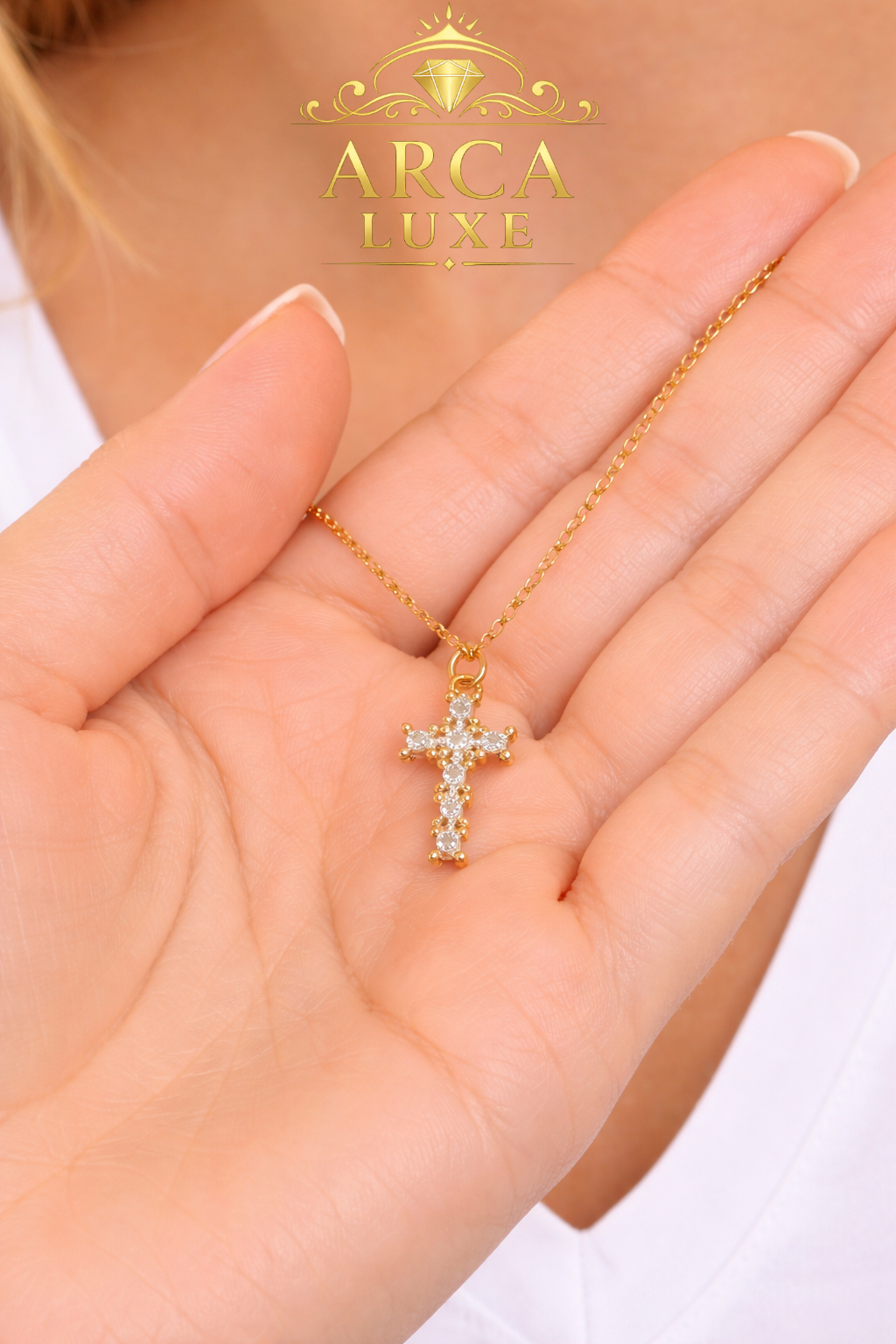 Cross Necklace in Solid 14K Gold – Diamond Cut Finish | Adjustable 18”