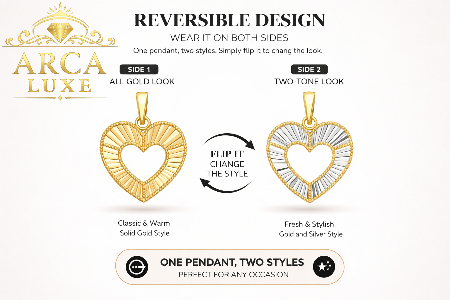 14K Reversible Two-Tone Open Heart Pendant – Radiant Gold Design
