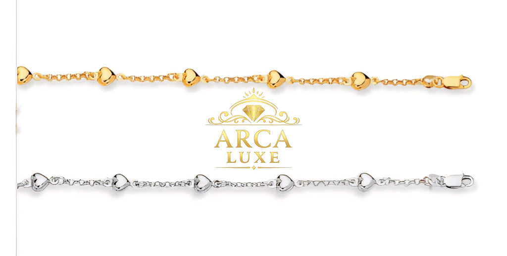 14K Solid Gold Heart Station Link Chain Bracelet