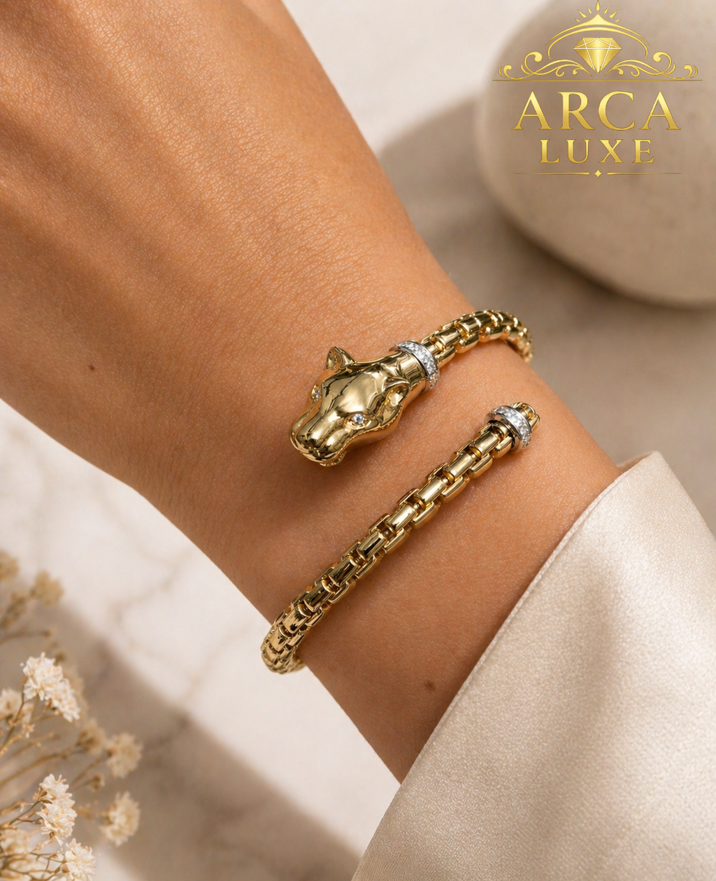 14K Solid Gold Diamond Venetian Panther Bypass Bangle