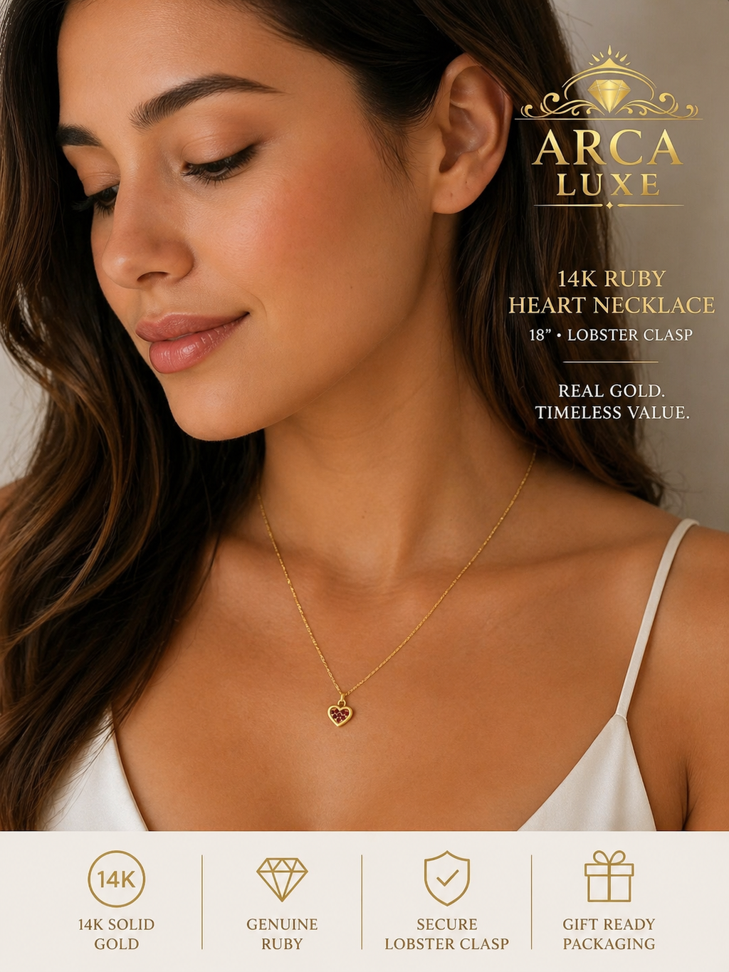 14K Solid Gold Ruby Heart Necklace – Elegant Minimal Pendant