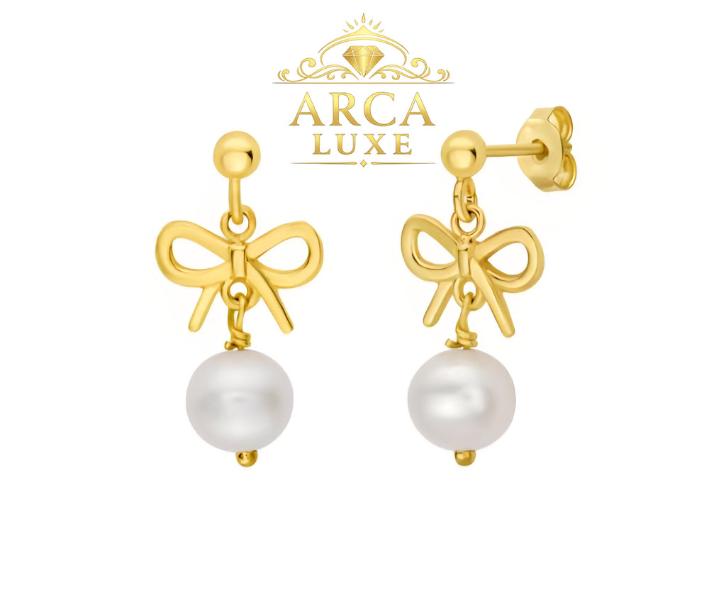 14K Solid Gold Bow Pearl Drop Earrings – Elegant Feminine Luxury