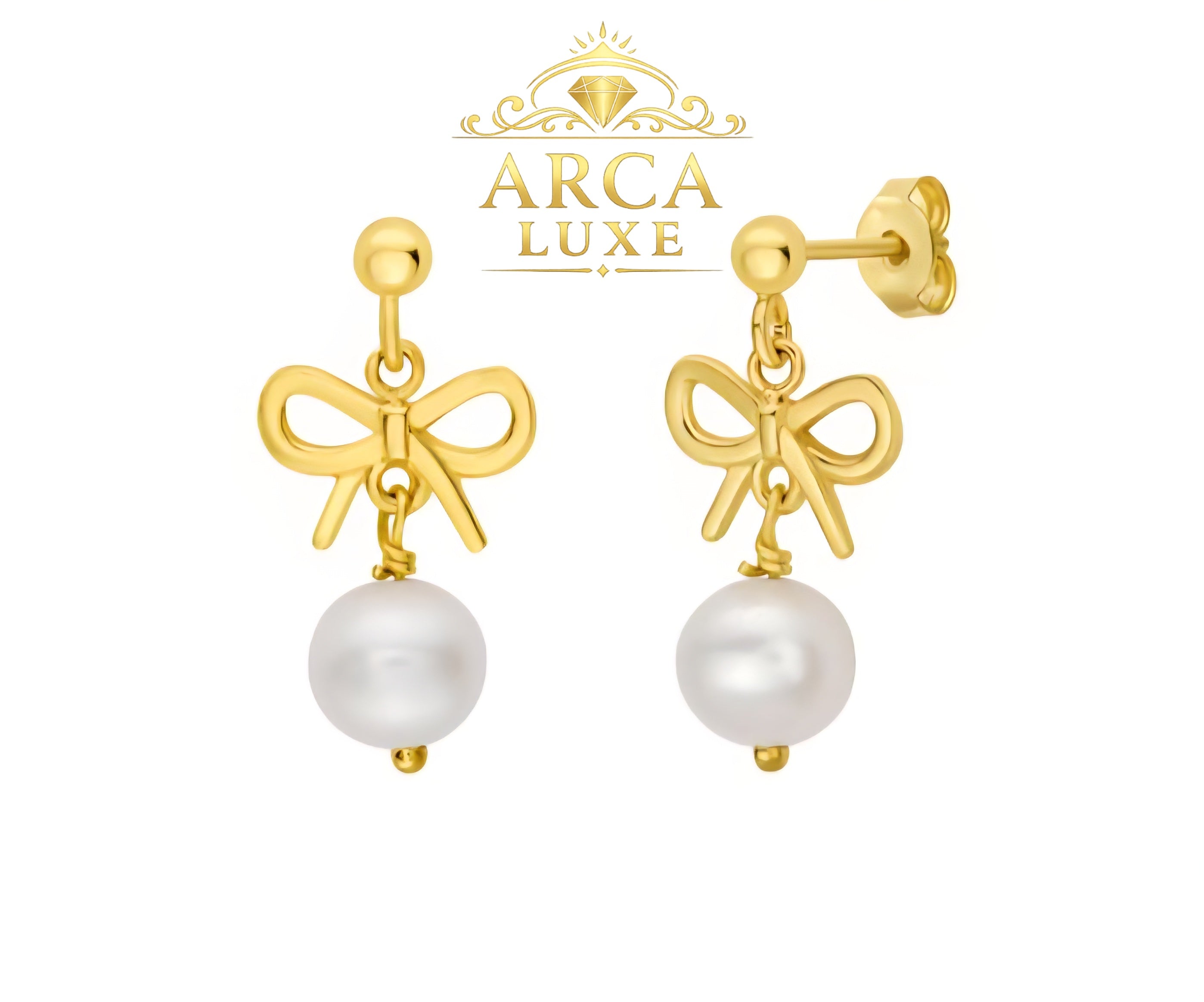 14K Solid Gold Bow Pearl Drop Earrings – Elegant Feminine Luxury