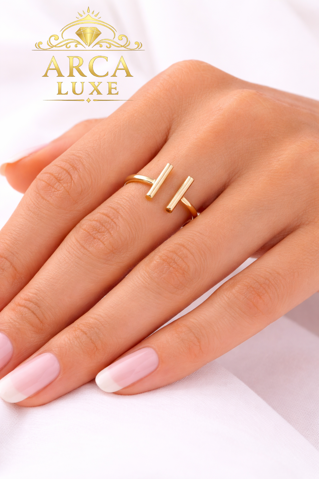 14K Solid Gold Open Double Bar Ring – Modern Minimalist Ring Size 7"