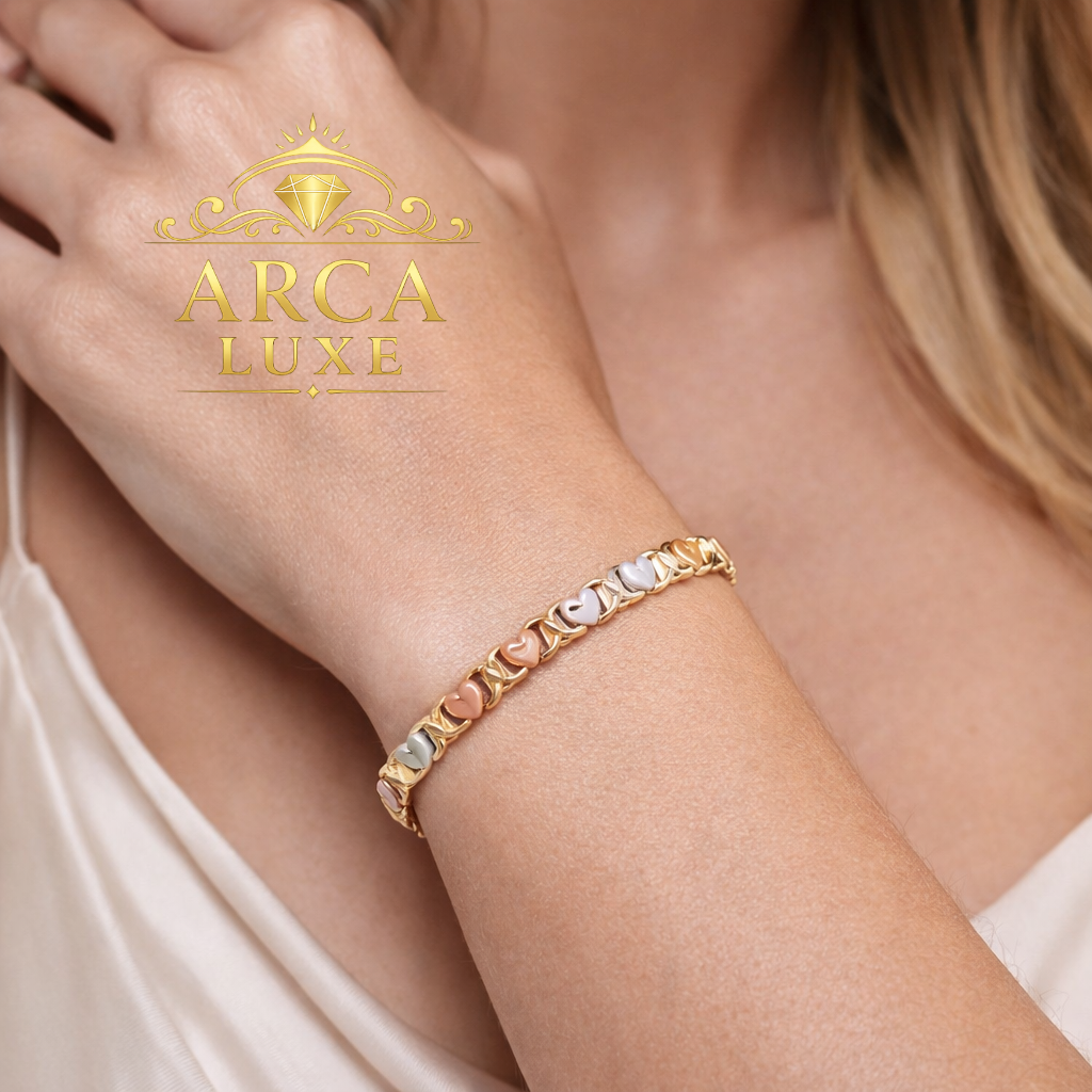 14K Tri-Color Gold X & O Heart Bracelet – 7.25" Luxury Design