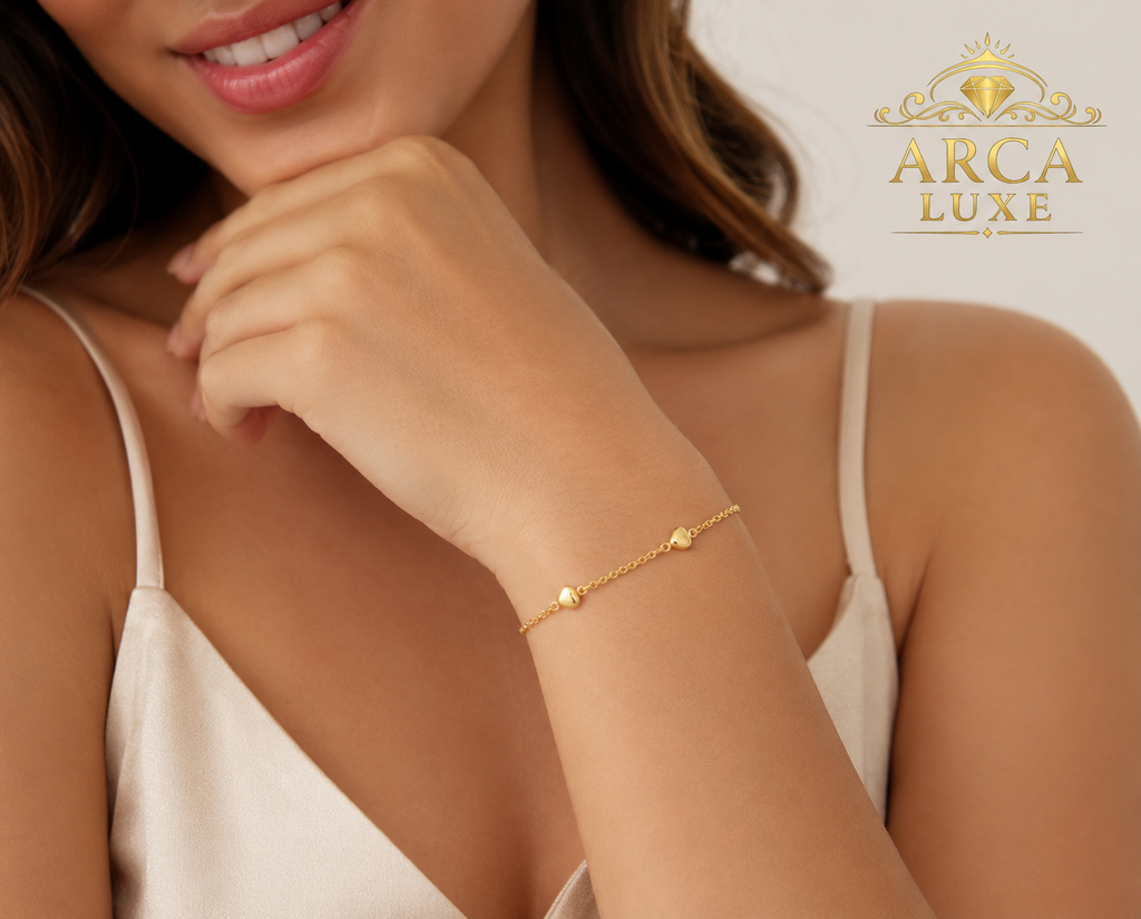 14K Solid Gold Heart Station Link Chain Bracelet