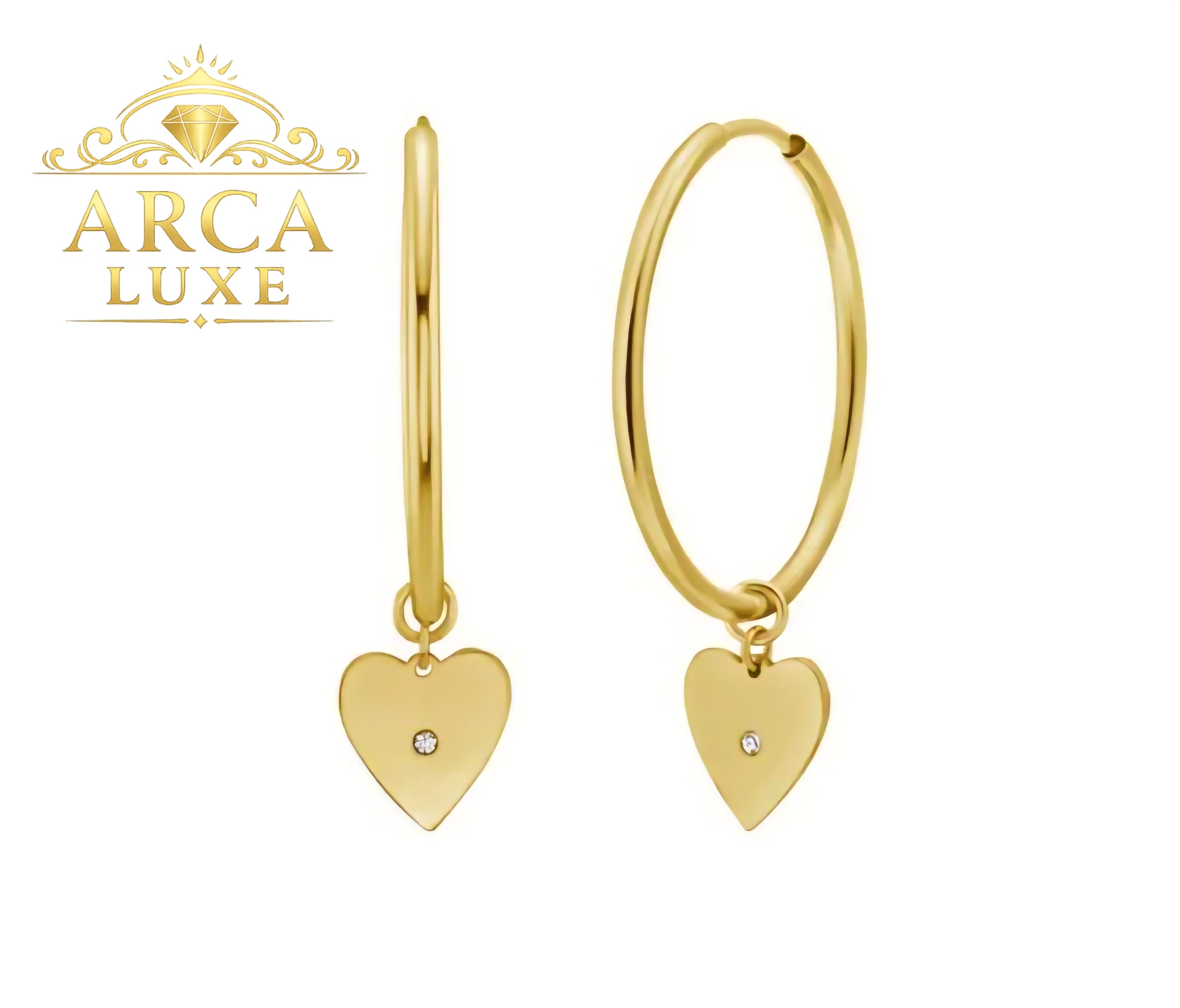 14K Solid Gold Diamond Heart Charm Hoop Earrings (0.01 CT) – Elegant Luxury Design