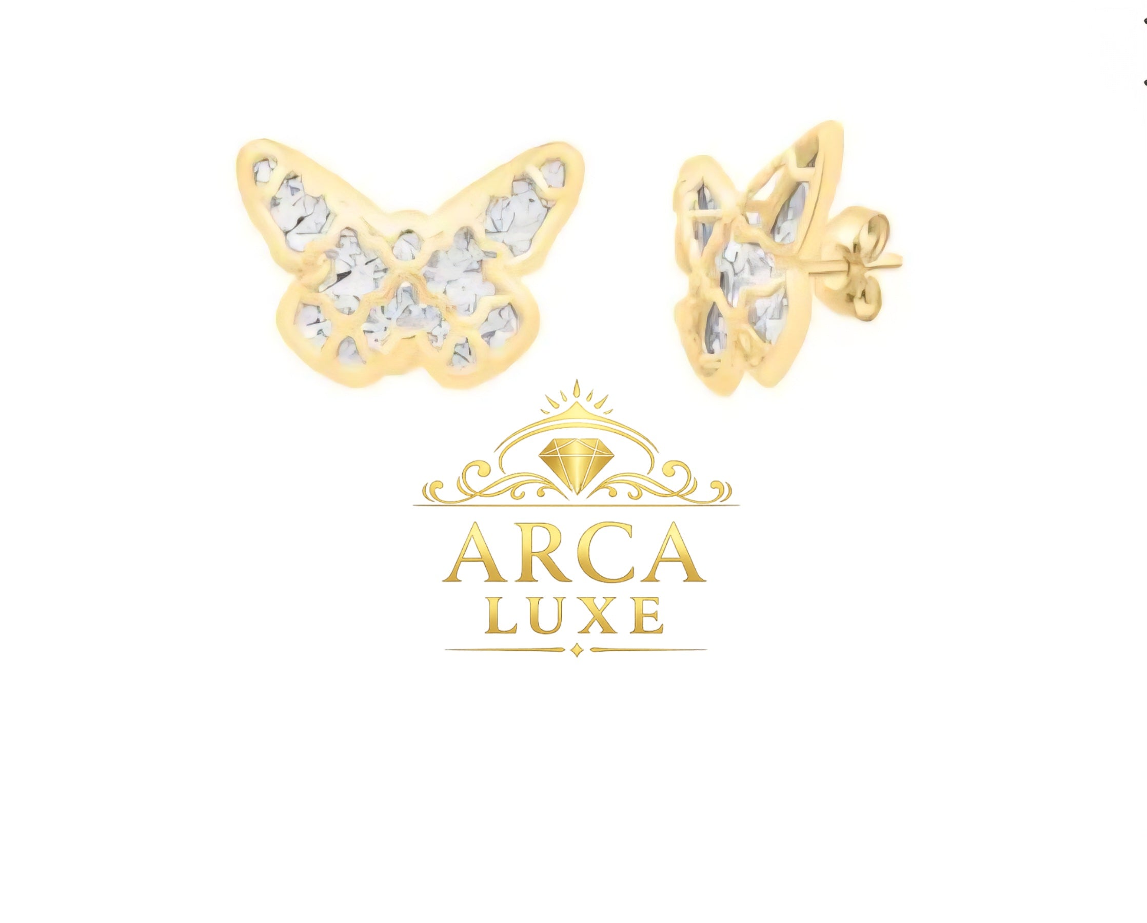 14K Solid Gold Diamond Cut Checkered Butterfly Stud Earrings