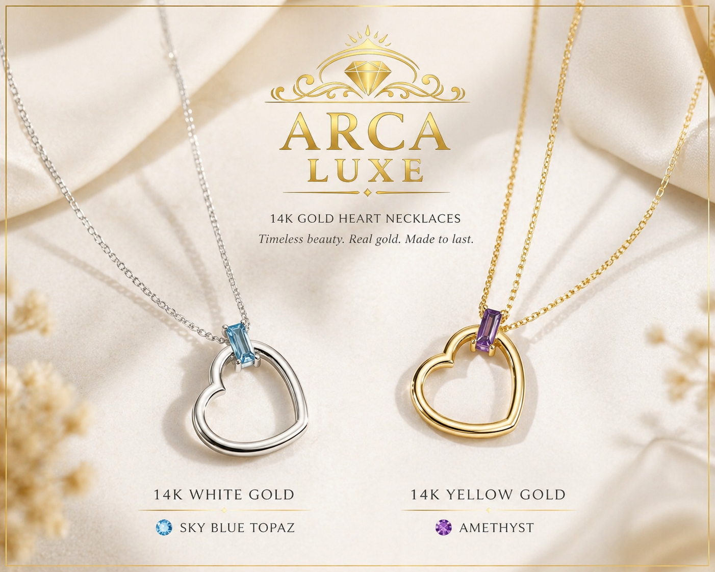 14K Baguette Gemstone Heart Necklace – White & Yellow Gold (18”)