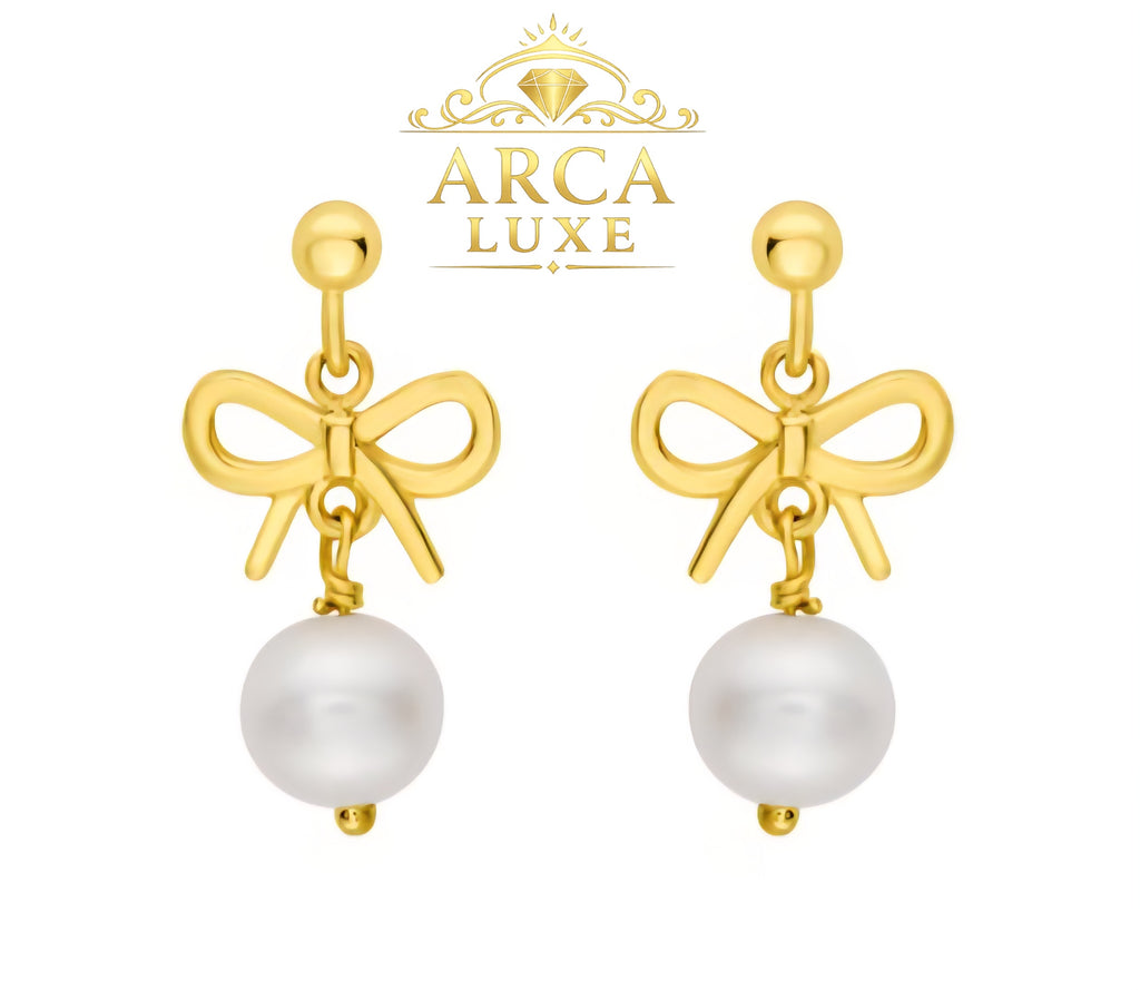14K Solid Gold Bow Pearl Drop Earrings – Elegant Feminine Luxury