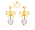14K Solid Gold Bow Pearl Drop Earrings – Elegant Feminine Luxury