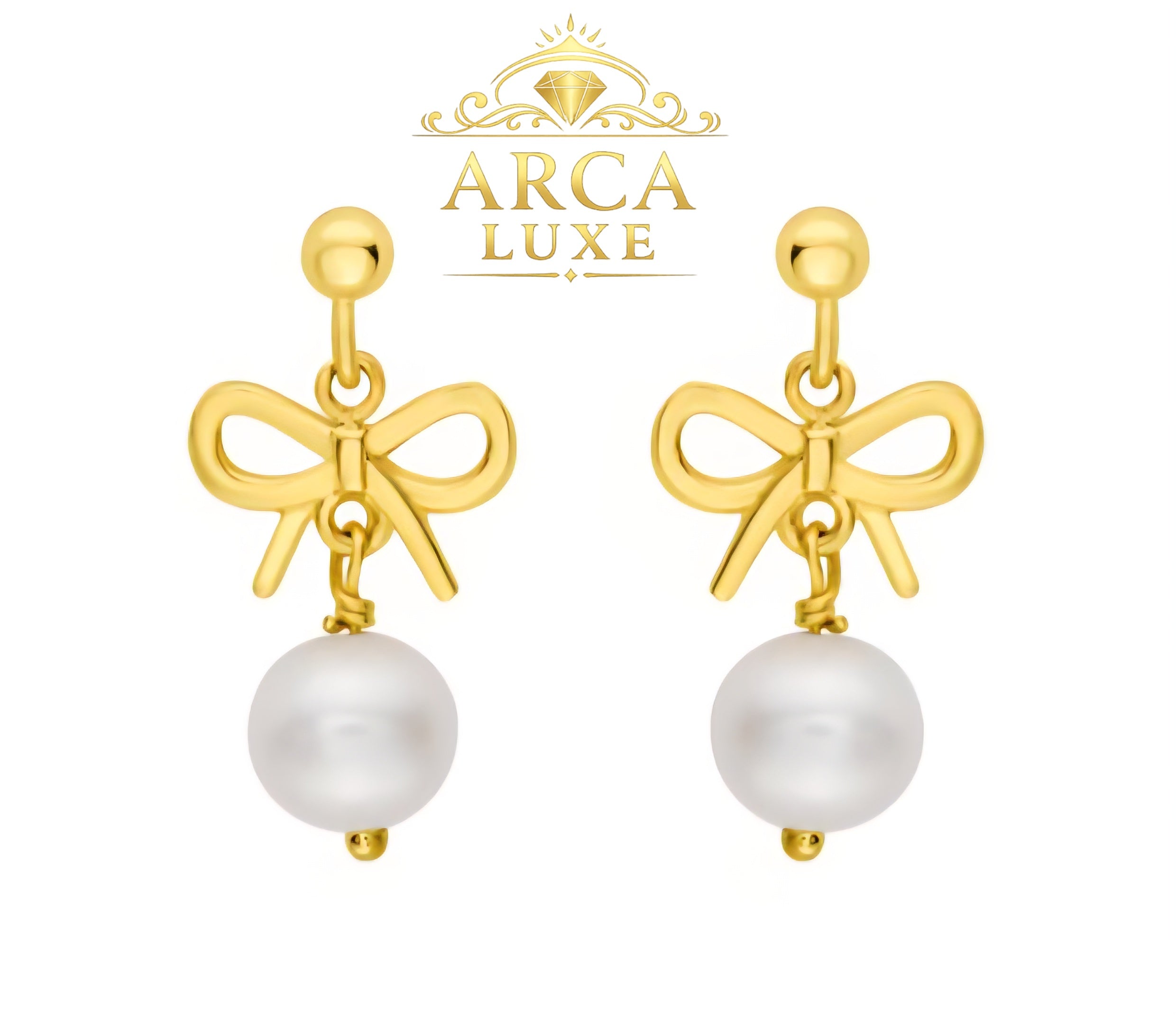 14K Solid Gold Bow Pearl Drop Earrings – Elegant Feminine Luxury