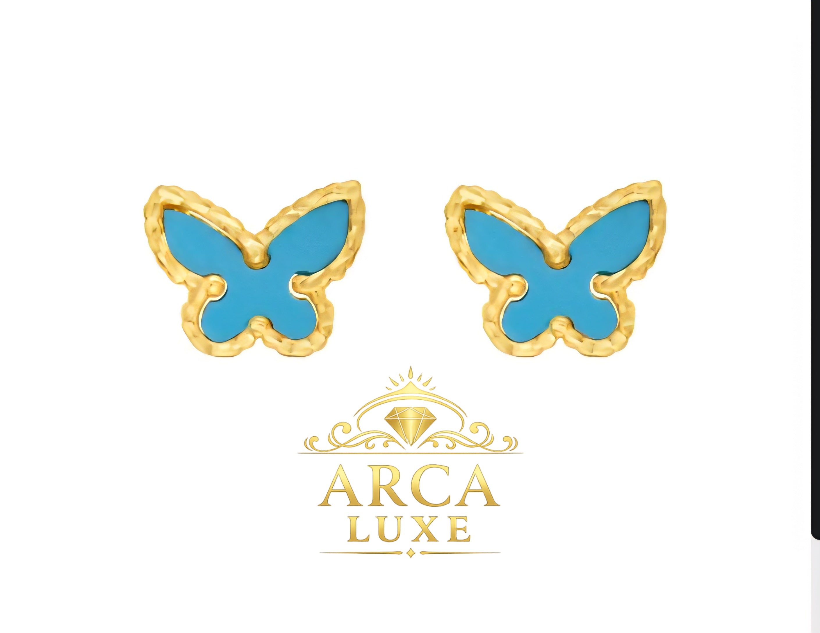 14K Solid Gold Butterfly Stud Earrings – MOP, Turquoise & Malachite
