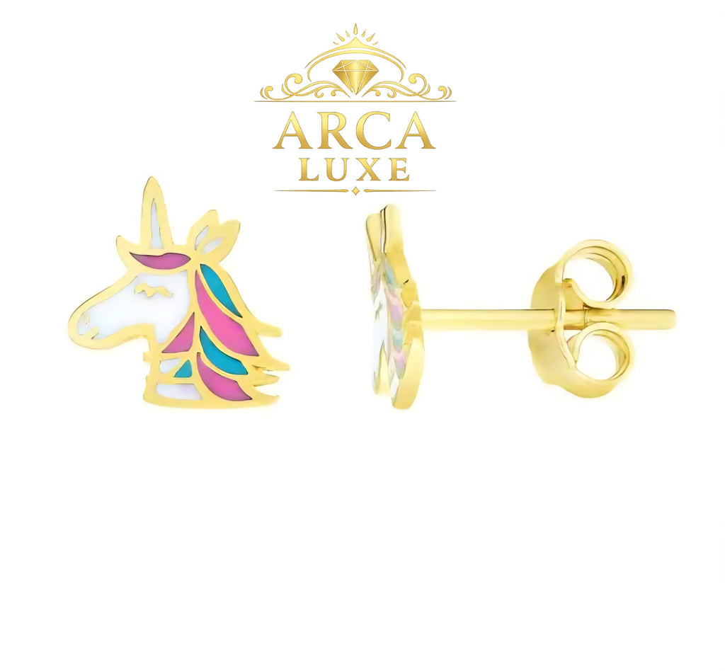 14K Solid Gold Enamel Unicorn Stud Earrings