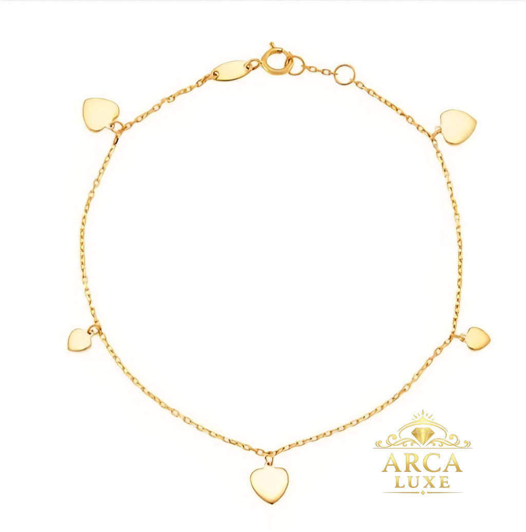 14K Yellow Gold Heart Charm Bracelet – Elegant Cable Chain 7.25”