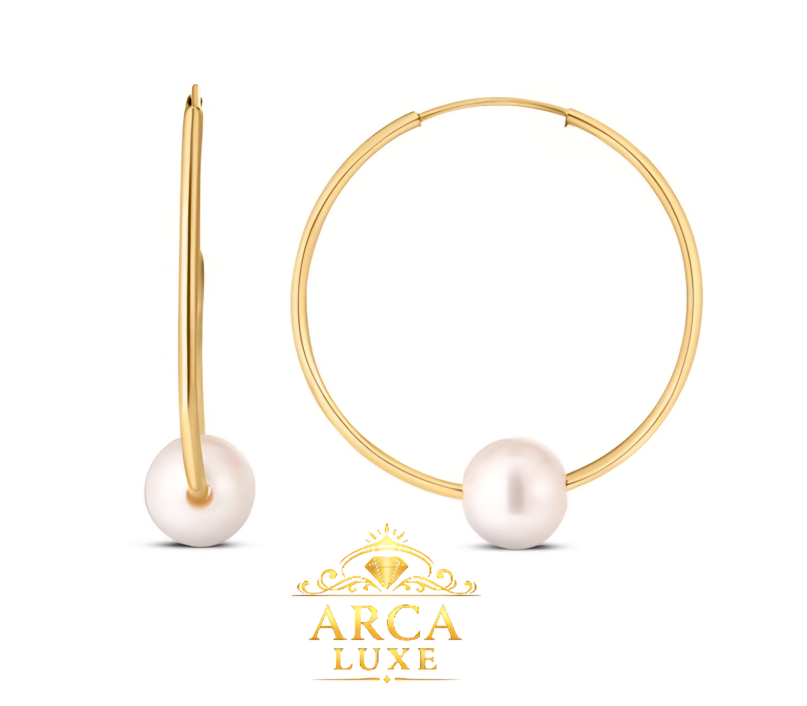 14K Solid Gold Endless Hoop Pearl Earrings Minimalist Luxury