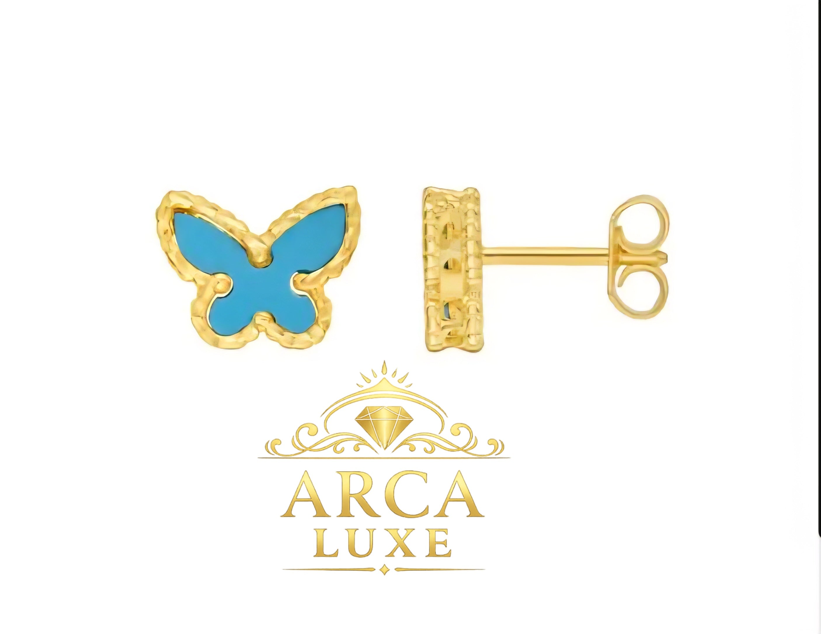 14K Solid Gold Butterfly Stud Earrings – MOP, Turquoise & Malachite