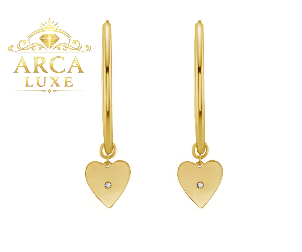 14K Solid Gold Diamond Heart Charm Hoop Earrings (0.01 CT) – Elegant Luxury Design