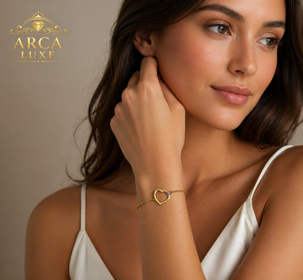 14K Baguette Gemstone Heart Bracelet 7"