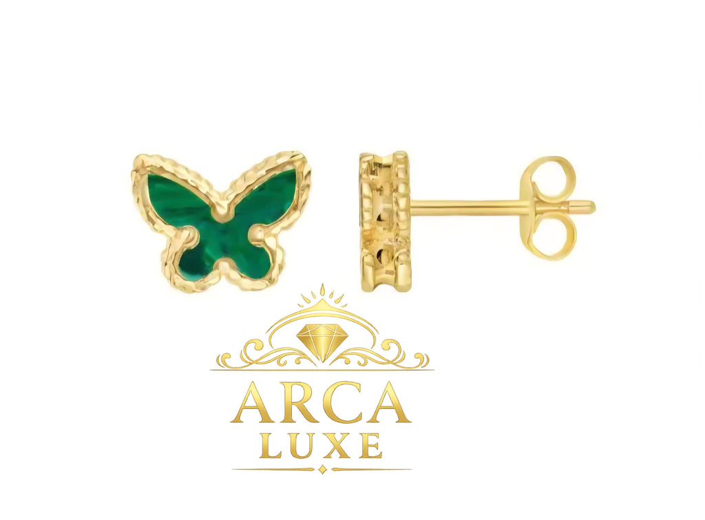 14K Solid Gold Butterfly Stud Earrings – MOP, Turquoise & Malachite