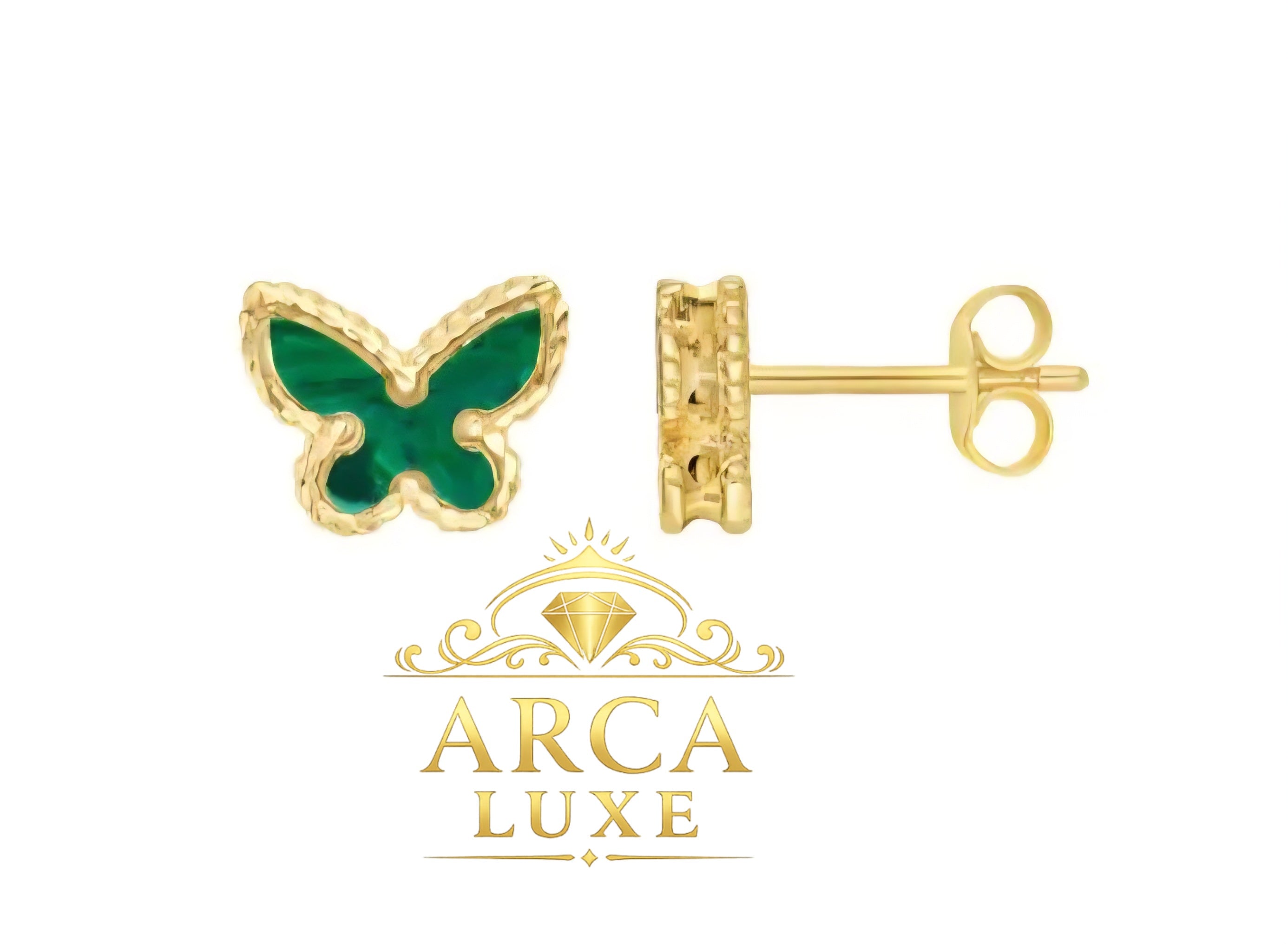 14K Solid Gold Butterfly Stud Earrings – MOP, Turquoise & Malachite