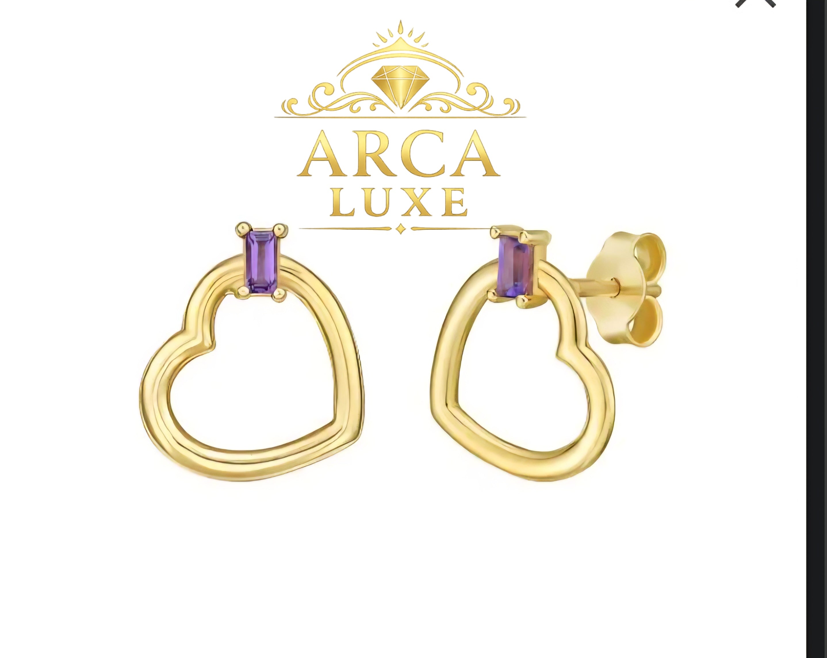 14K Solid Gold Baguette Heart Earrings with Amethyst