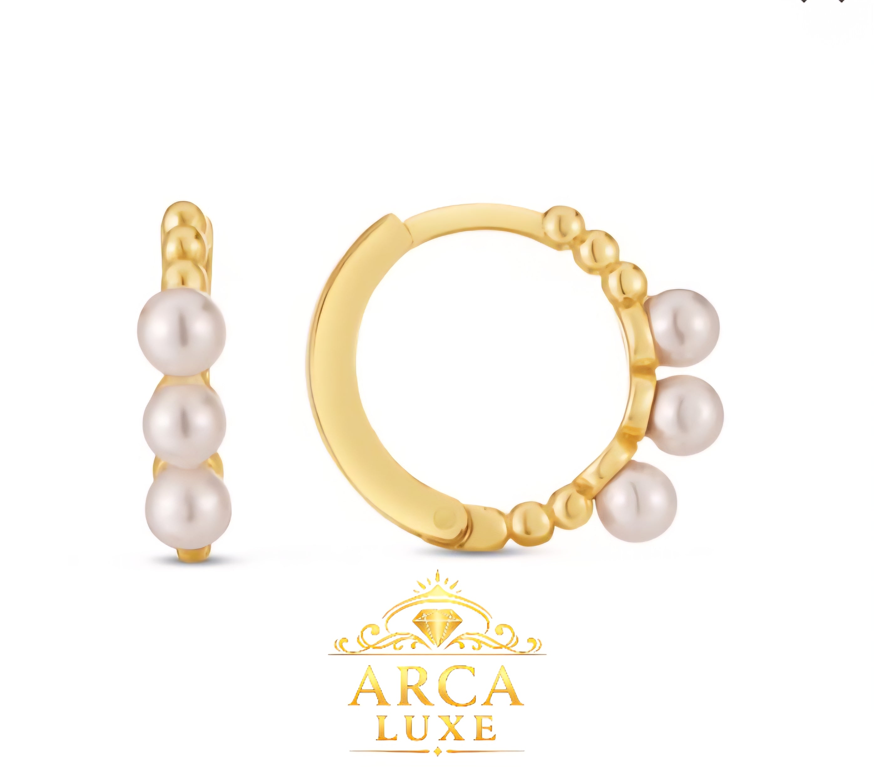 14K Solid Gold Pearl Huggie Earrings (3mm) – Elegant Minimalist Luxury