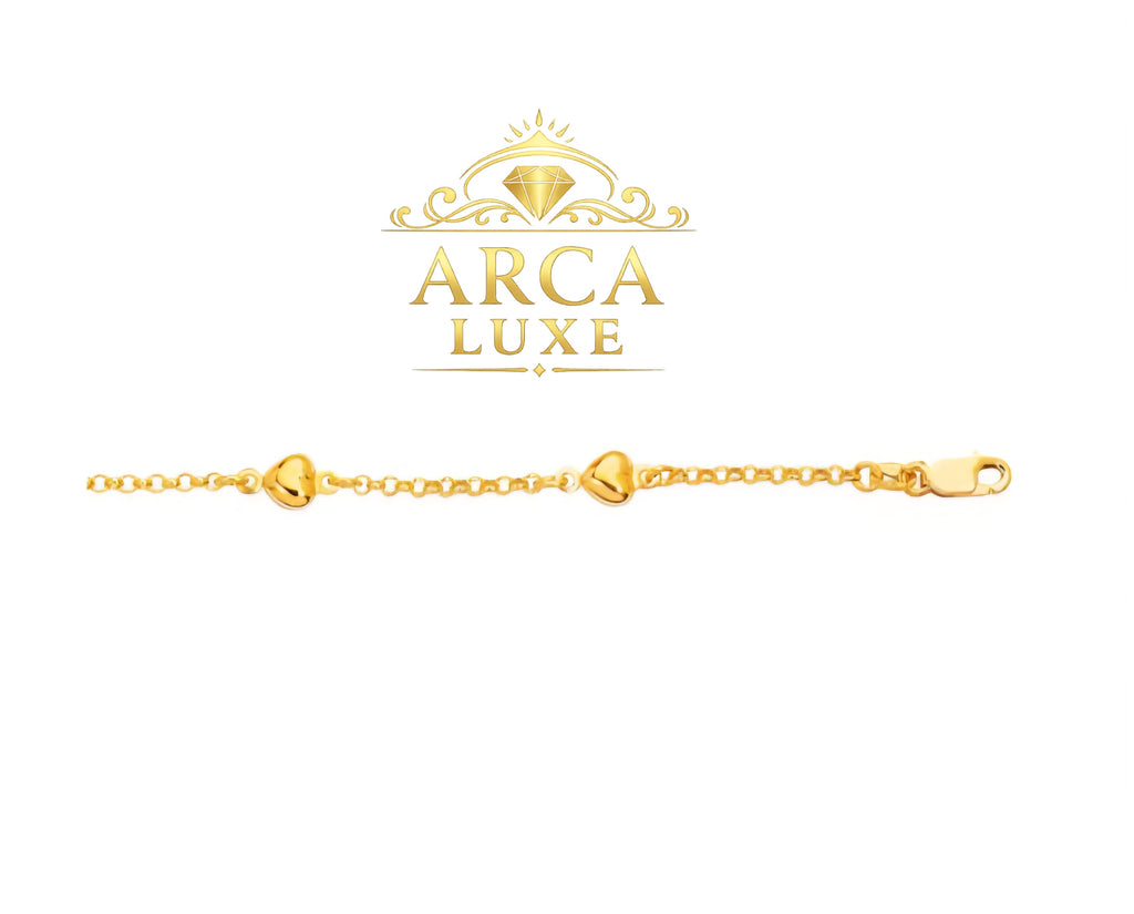 14K Solid Gold Heart Station Link Chain Bracelet