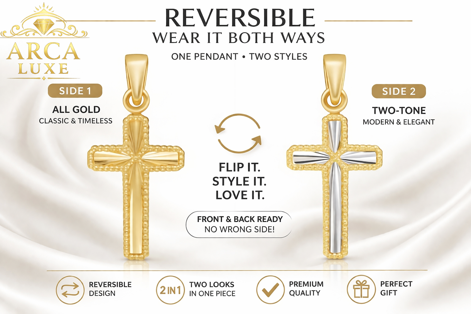 14K Reversible Two-Tone Cross Pendant – Beaded Gold Design