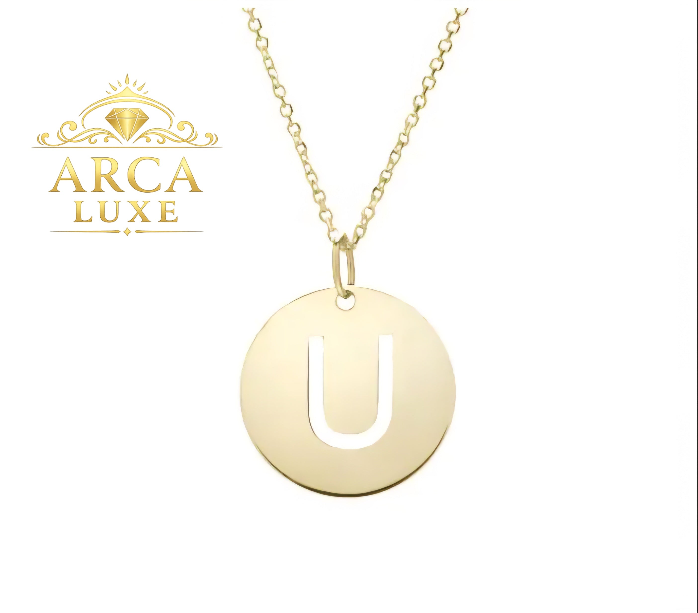 14K Solid Gold Initial Letter Disc Necklace 18" | A–Z Minimalist Pendant | Real Gold Jewelry