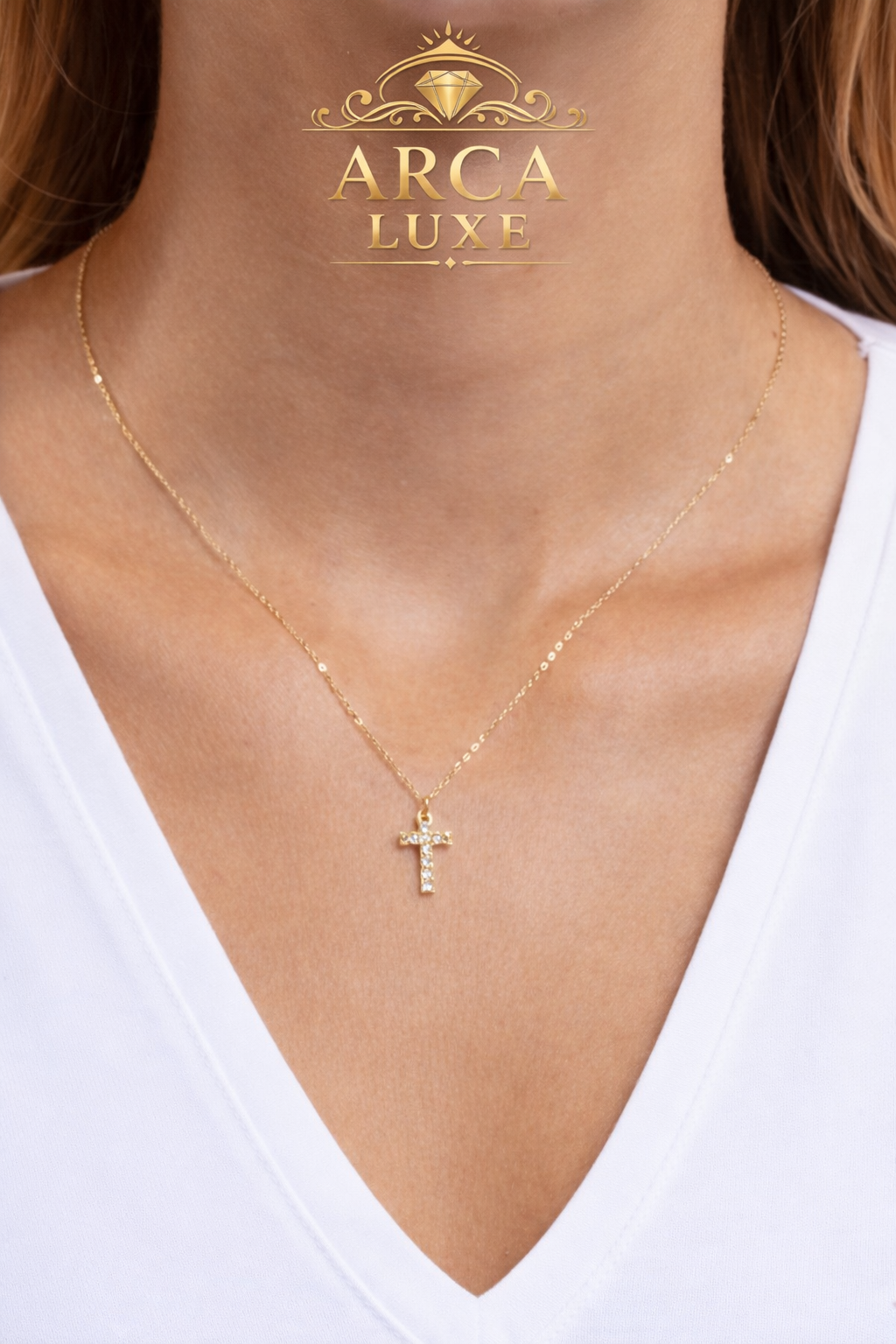 Cross Necklace in Solid 14K Gold – Diamond Cut Finish | Adjustable 18”