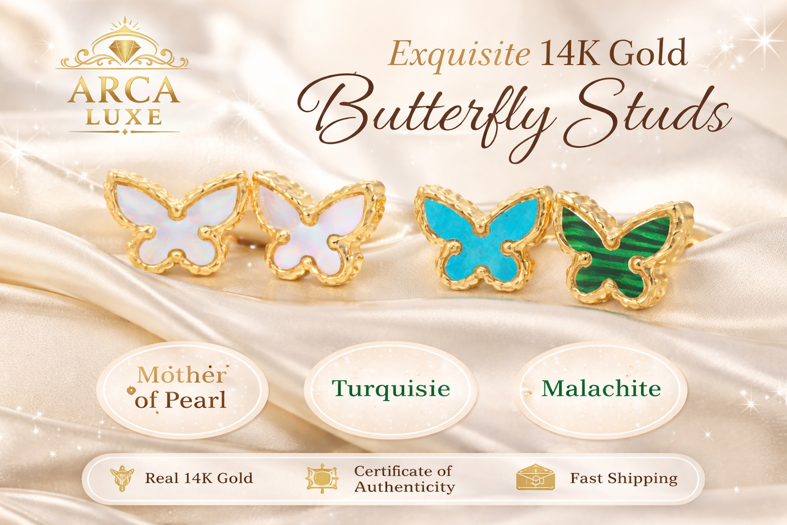 14K Solid Gold Butterfly Stud Earrings – MOP, Turquoise & Malachite