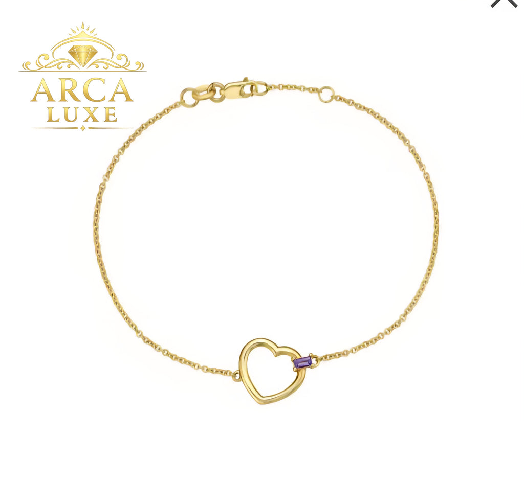 14K Baguette Gemstone Heart Bracelet 7"