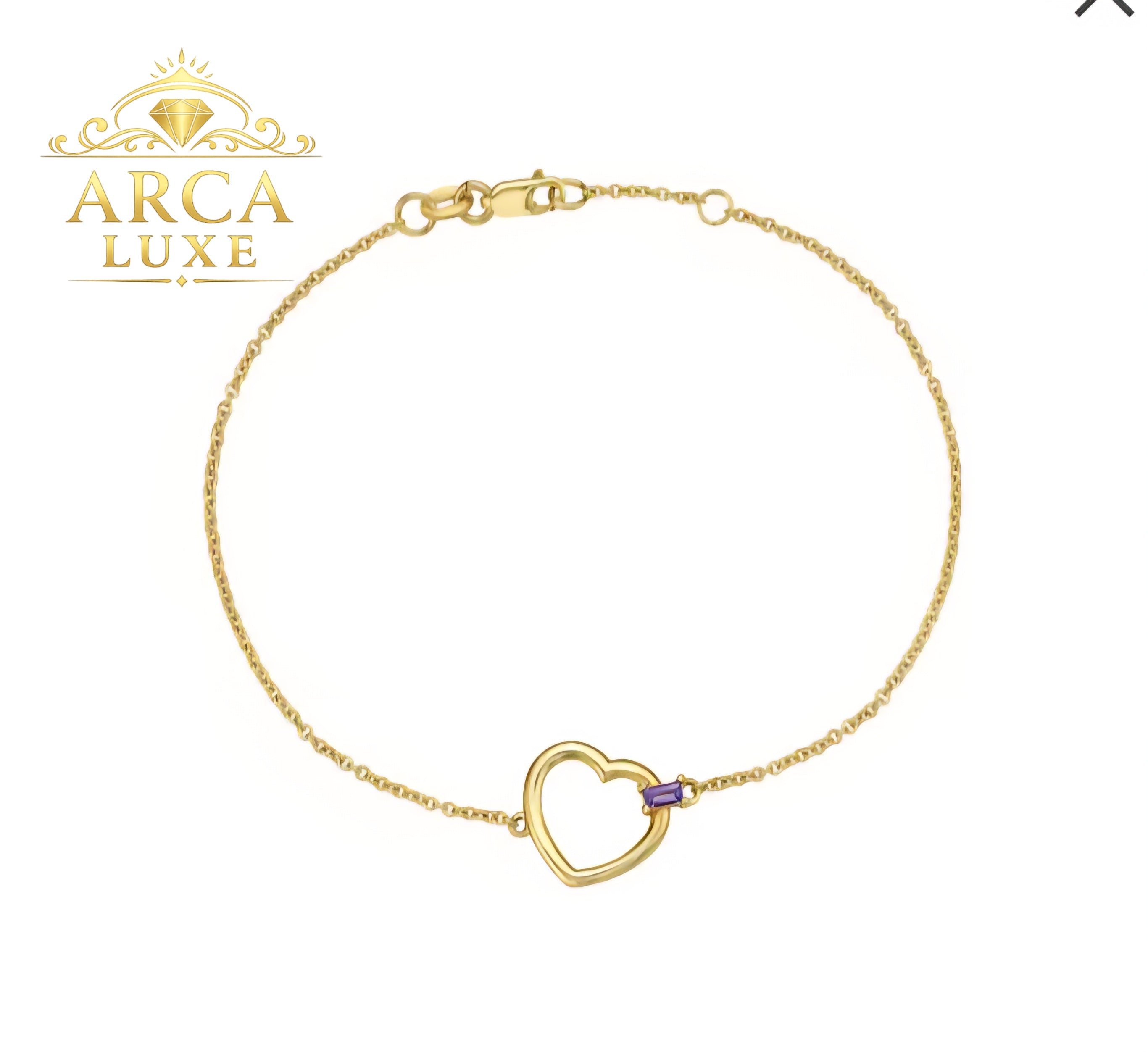 14K Baguette Gemstone Heart Bracelet 7"