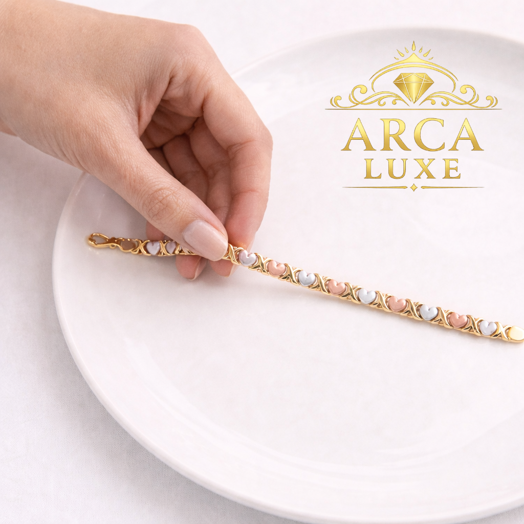 14K Tri-Color Gold X & O Heart Bracelet – 7.25" Luxury Design